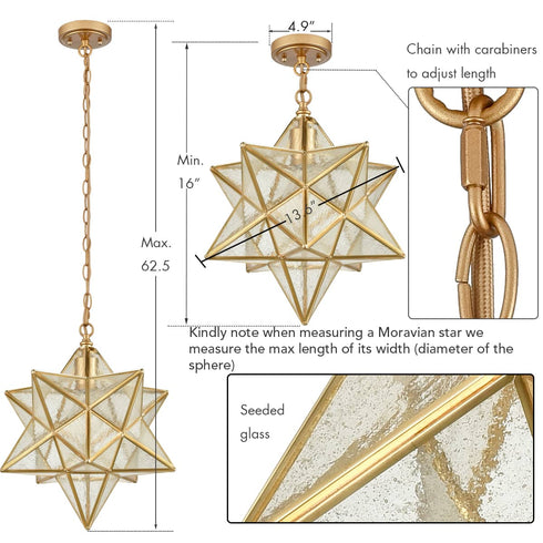 Brass Moravian Star Pendant Light 14-inch Seeded Glass Shade
