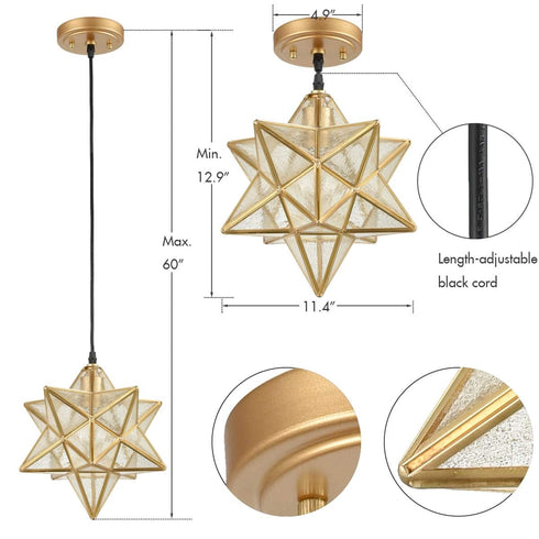 Sorrento Brass Moravian Star Pendant Light Seeded Glass Shade 11-In