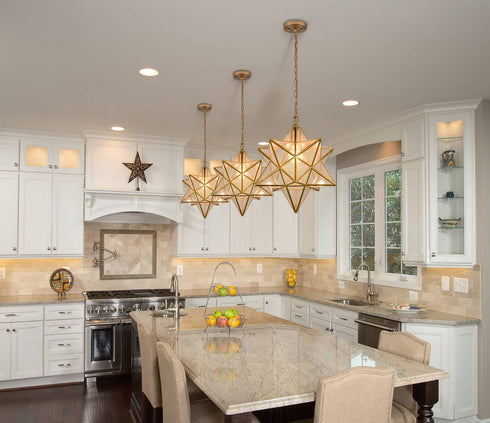 Brass Moravian Star Pendant Lights Seeded Glass Shade, 15-Inch