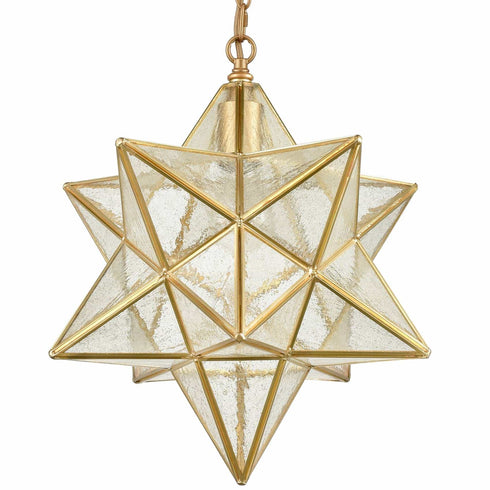 Brass Moravian Star Pendant Lights Seeded Glass Shade, 15-Inch