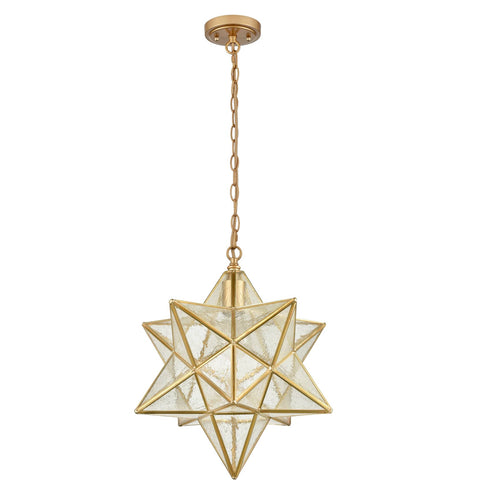 Brass Moravian Star Pendant Lights Seeded Glass Shade, 15-Inch
