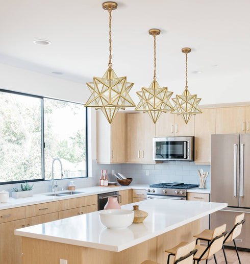 Brass Moravian Star Pendant Lights Seeded Glass Shade, 15-Inch