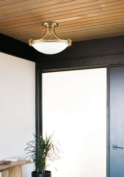 Brass Semi Flush Mount Ceiling Light 3-Light White Glass Shade