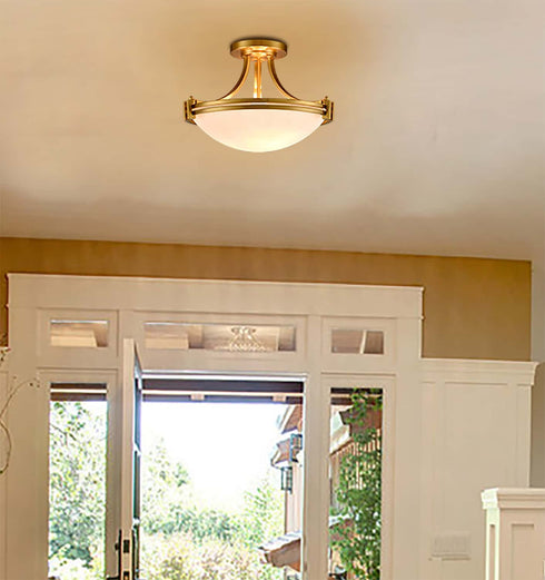 Brass Semi Flush Mount Ceiling Light 3-Light White Glass Shade
