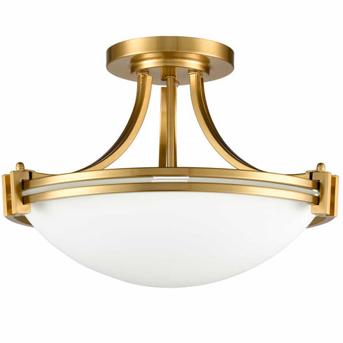 Brass Semi Flush Mount Ceiling Light 3-Light White Glass Shade