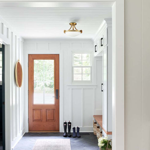 Brass Semi Flush Mount Ceiling Light 3-Light White Glass Shade