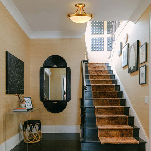 Brass Semi Flush Mount Ceiling Light 3-Light White Glass Shade