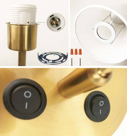 Brass Wall Sconce Set of 2 Fabric Wall Lamp with USB Port and Switch