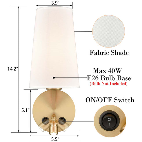Brass Wall Sconce Set of 2 Fabric Wall Lamp with USB Port and Switch