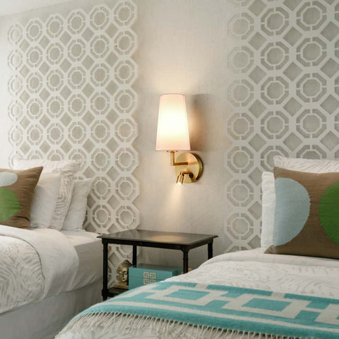 Brass Wall Sconce Set of 2 Fabric Wall Lamp with USB Port and Switch