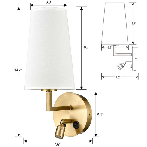 Brass Wall Sconce Set of 2 Fabric Wall Lamp with USB Port and Switch