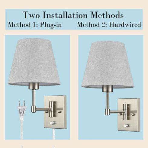 Brushed Nickel Swing Arm Wall Sconces Set of Two Plug in Sconce