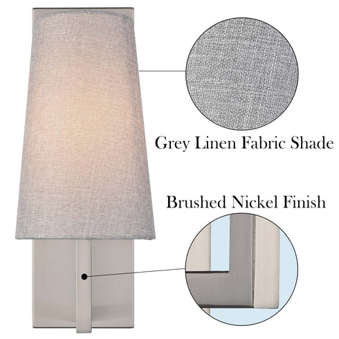 Brushed Nickel Wall Sconce with Grey Fabric Shade 2 Pack