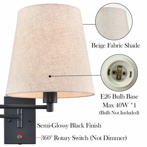 Black Swing Arm Wall Sconces Set of Two Plug in Wall Lamp