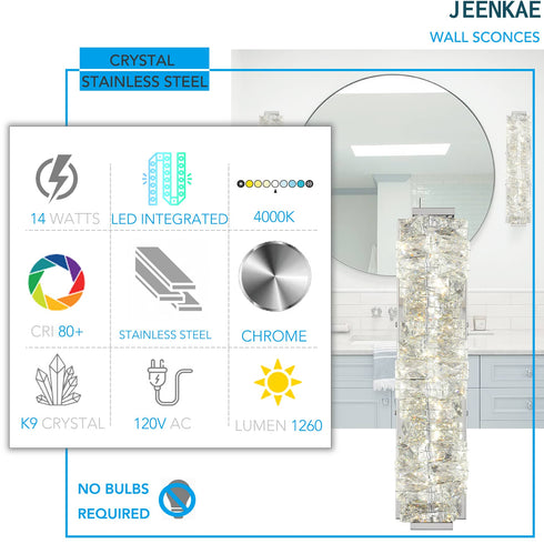 Crystal Bathroom Vanity Lights LED Stainless Steel, Chrome, 18.5-In