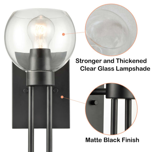 Clear Glass Wall Sconce Black Wall Lighting with Globe Shade