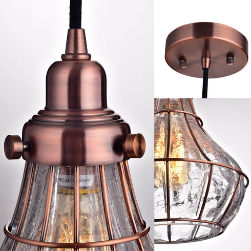 Cracked Glass Wire Cage Pendant Light, Red Antique Copper