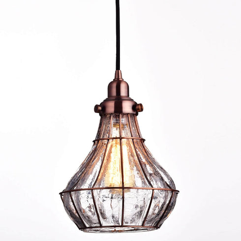Cracked Glass Wire Cage Pendant Light, Red Antique Copper