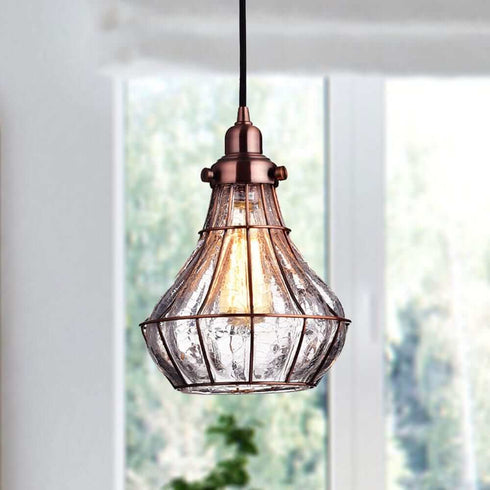Cracked Glass Wire Cage Pendant Light, Red Antique Copper