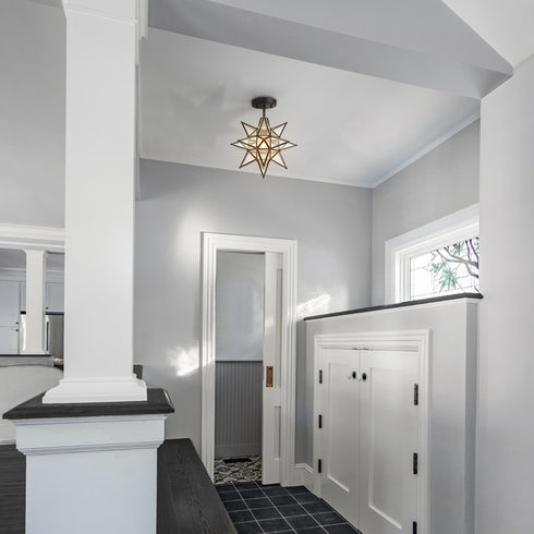 Black Moravian Star Ceiling Light Etched Glass Shade