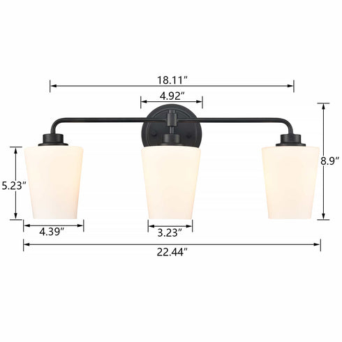 3-Light Black Bathroom Vanity Light Fixture with Milk Glass Shade