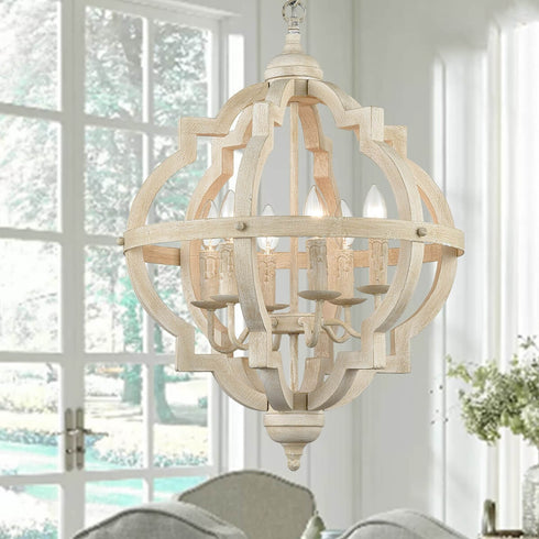 Distressed Off-white Wooden Chandelier Sphere 6 Light