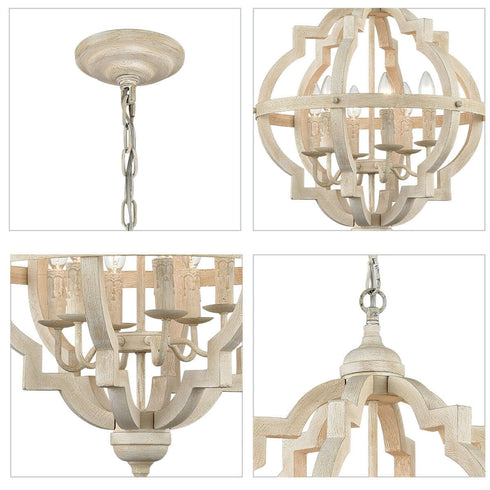 Distressed Off-white Wooden Chandelier Sphere 6 Light