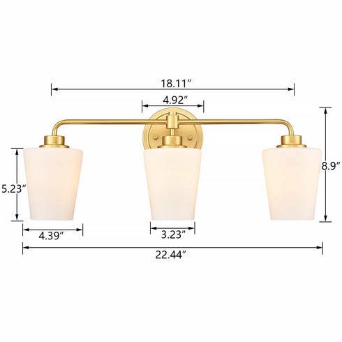 Modern Gold Bathroom Light Fixture 3-Light Milk Glass Vanity Light