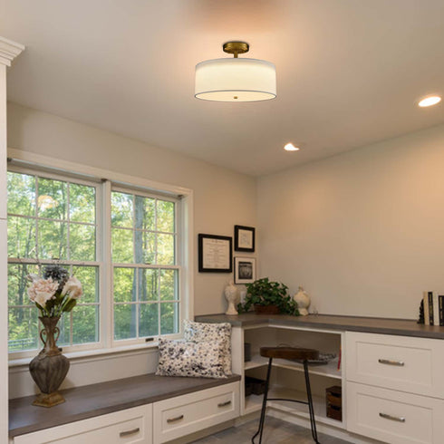 Drum Shade Semi Flush Mount Ceiling Light Brass LED Ceiling Light Fixture