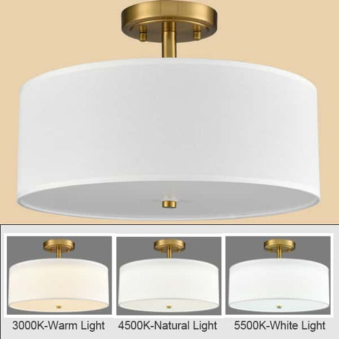 Gold Led Flush Mount Ceiling Light Drum White Fabric Shade 3000k-5500k,24W,1600LM