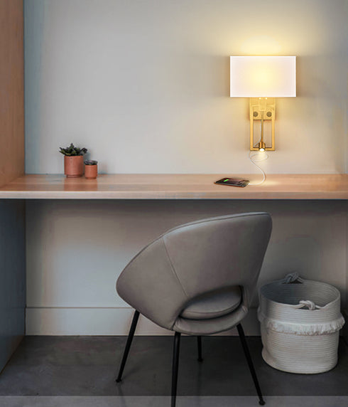 Modern Brass Fabric Wall Lamp ,USB Charging Port + LED Reading Light