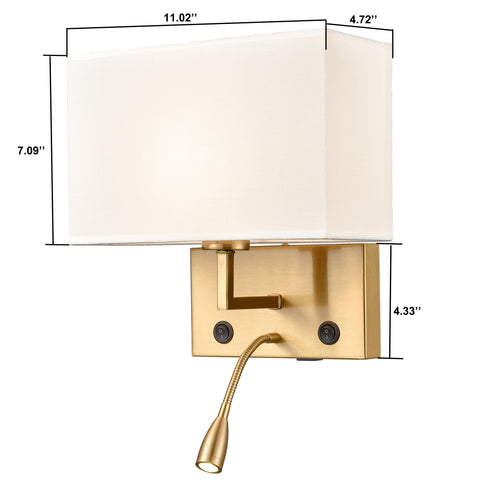2-pack Modern Gold with white Fabric Wall Sconces with USB Charging Port|LED lighting|Twin on/off Switch for Bedroom