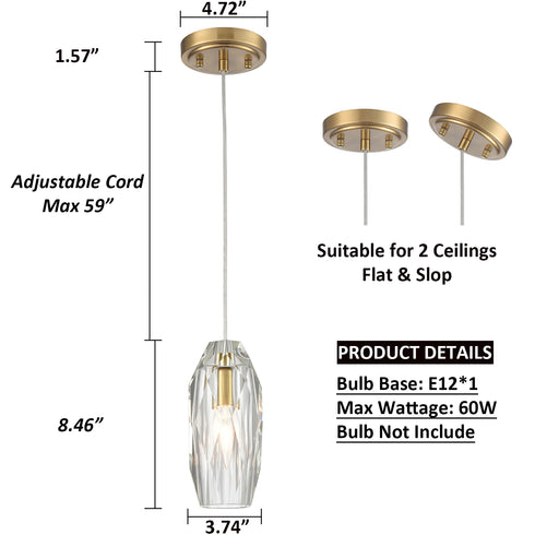 Crystal Pendant Light Fixture Cord Adjustable Modern Brass Pendant Lights Kitchen Island