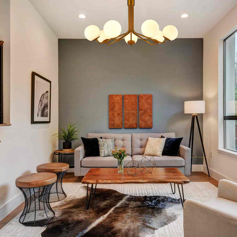 Mid-Century Modern Gold Semi Flush Mount Ceiling Light 7-Light Globe Chandelier Light