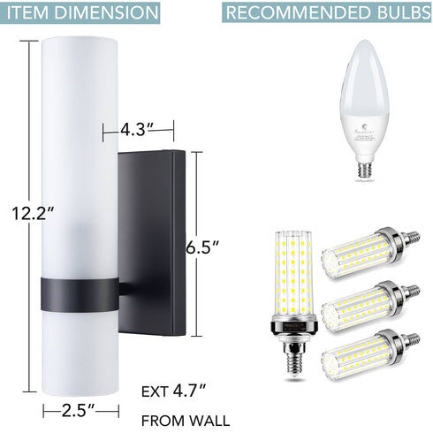 Black Vanity Light Bathroom Sconces Frosted Cylinder Glass