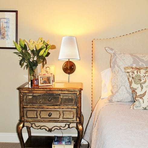 Fabric Shade Bedside Wall Lamp Set of 2 Plug in Wall Lights Brass Finished