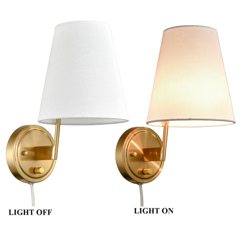 Fabric Shade Bedside Wall Lamp Set of 2 Plug in Wall Lights Brass Finished