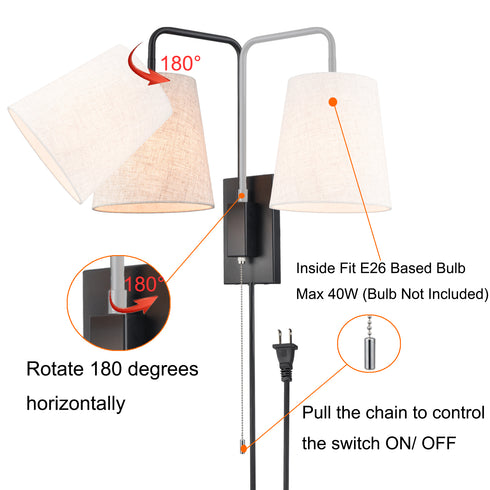 Fabric Shade Plug in Wall Lights 2 Pack Black Wall Lamps