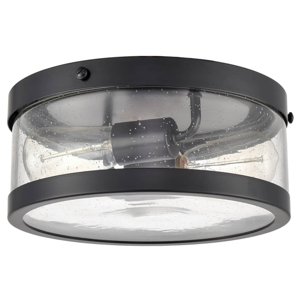 Farmhouse 2-light Black Metal with Seeded Glass Drum Flush Mount Ceiling Light