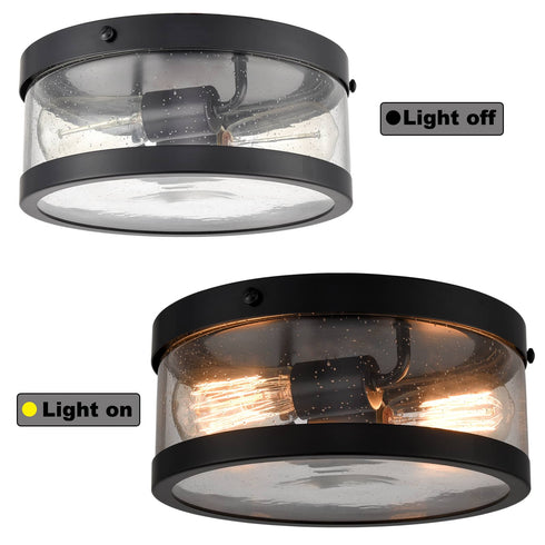 Farmhouse 2-light Black Metal with Seeded Glass Drum Flush Mount Ceiling Light