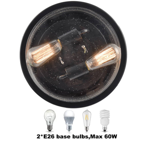 Farmhouse 2-light Black Metal with Seeded Glass Drum Flush Mount Ceiling Light