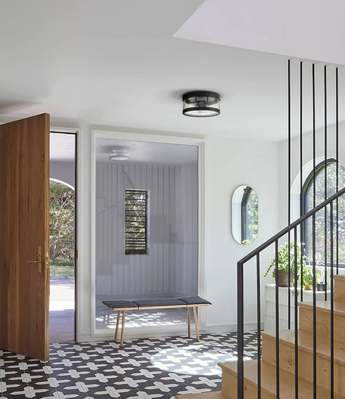 Farmhouse 2-light Black Metal with Seeded Glass Drum Flush Mount Ceiling Light