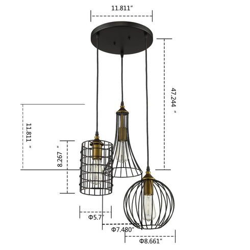 Farmhouse 3-Light Chandelier Hanging Caged Cluster Pendant