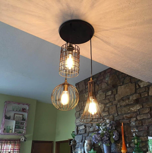 Farmhouse 3-Light Chandelier Hanging Caged Cluster Pendant