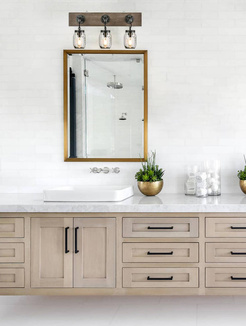 Farmhouse 3 Light Mason Jar Bathroom Vanity Lighting Wood & Glass