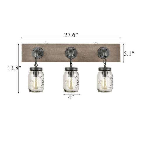 Farmhouse 3 Light Mason Jar Bathroom Vanity Lighting Wood & Glass