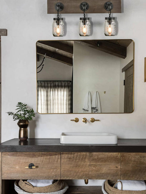 Farmhouse 3 Light Mason Jar Bathroom Vanity Lighting Wood & Glass