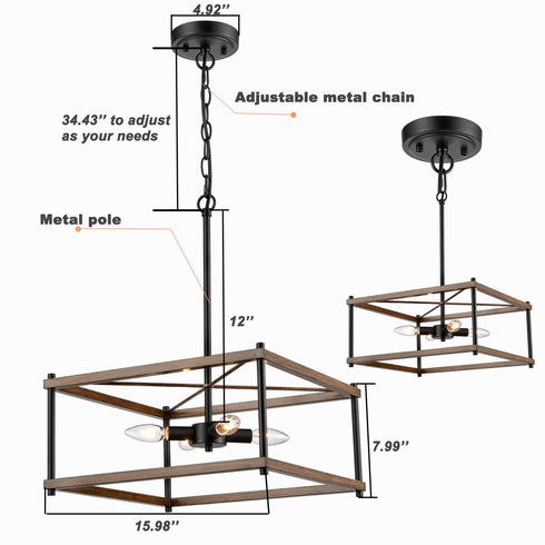 Farmhouse 4-Light Black Metal with Wood Grain Paint Large Rectangular chandelier for Kitchen