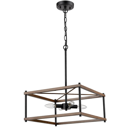 Farmhouse 4-Light Black Metal with Wood Grain Paint Large Rectangular chandelier for Kitchen
