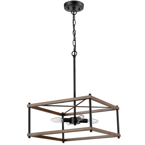 Farmhouse 4-Light Black Metal with Wood Grain Paint Large Rectangular chandelier for Kitchen